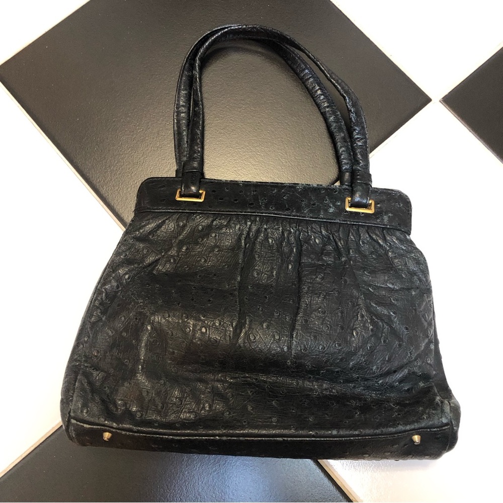 Vintage 60s Ostrich Leather Top Handle Bag Parisian Medicine Bag Purse Black